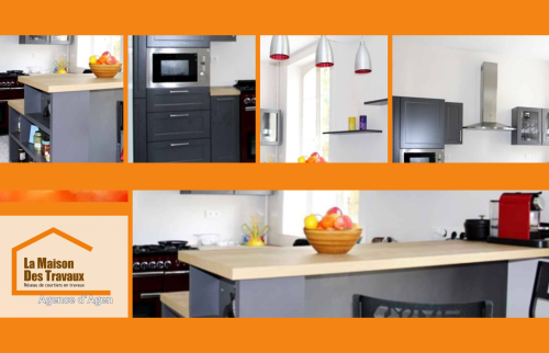 Aperçu détaillé d’une cuisine rénovée près d’Agen par La Maison Des Travaux d’Agen. Design élégant et fonctionnel avec rangements optimisés.