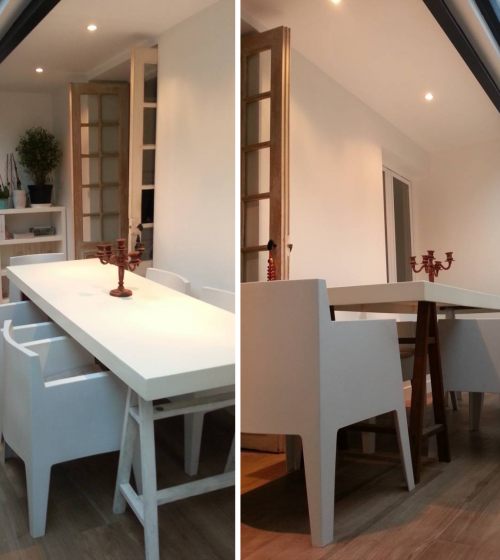 chalet extension Sallanches, maison familiale agrandie, extension rez-de-chaussée, parquet bois intérieur, peinture blanche rénovation