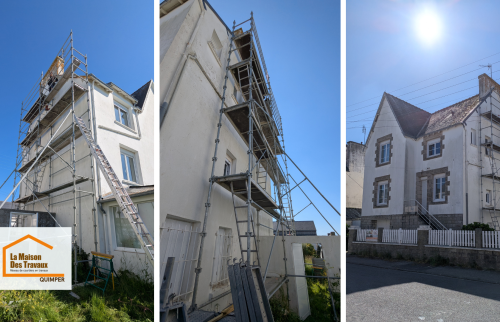 Travaux de rénovation extérieure au Guilvinec : mise en place d’échafaudage pour une rénovation complète et sécurisée de la façade.