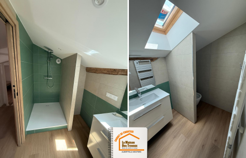 rénovation salle d’eau Moûtiers, La Maison des Travaux Moûtiers, rénovation complète Savoie, salle de bains design Albertville, courtier en travaux Savoie