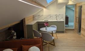 Studio aménagé dans des combles avec kitchenette et pièce de vie