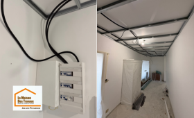 Travaux de rénovation électrique dans un appartement à Aix-en-Provence : reprise complète des circuits avant la pose du plafond et les finitions intérieures.