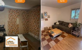     Avant / après d’une rénovation complète de salon à Aix-en-Provence : détapissage, reprise des murs, modernisation des espaces et transformation d’un intérieur ancien en pièce de vie chaleureuse et lumineuse grâce à l’accompagnement de Laurent Nemer.