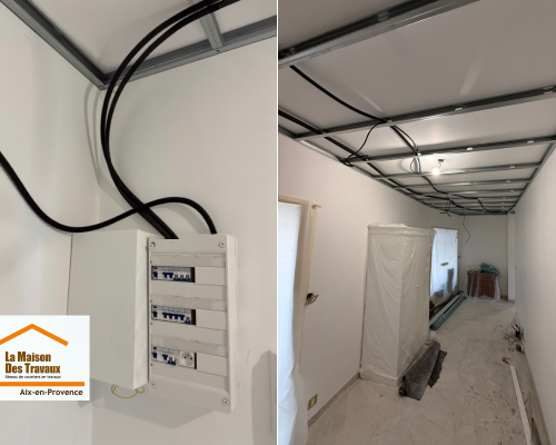 Travaux de rénovation électrique dans un appartement à Aix-en-Provence : reprise complète des circuits avant la pose du plafond et les finitions intérieures.