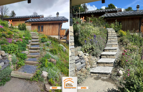escalier extérieur pierre Le Grand-Bornand, aménagement extérieur Savoie, artisan maçonnerie Chamonix, rénovation accès maison montagne, courtier travaux Haute-Savoie, La Maison des Travaux Chamonix