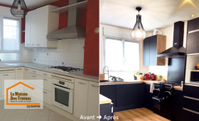 Avant/après rénovation de cuisine à Quimper : transformation complète vers un espace moderne, fonctionnel et harmonieux, coordonnée par Lucie, courtière en travaux.