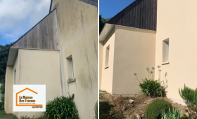 Ravalement de façade à Quimper avec comparaison avant/après : nettoyage complet et remise en état pour redonner éclat et modernité à la maison.