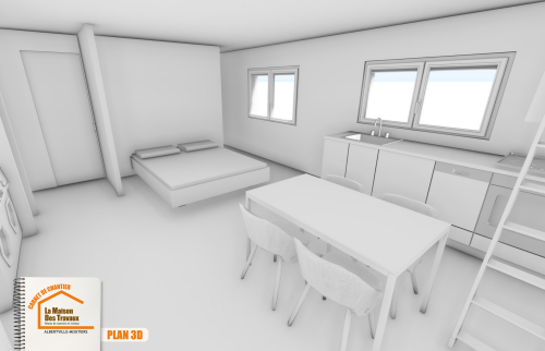 La Maison des Travaux Moûtiers, studio moderne avec cuisine, salle de bain dans garage, faux plafond LED, parquet PVC studio