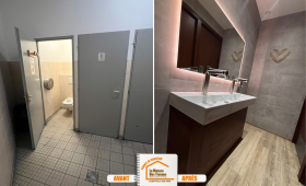 Rénovation Méribel Alpina, Logo découpé carrelage, Accessoires high-tech toilettes