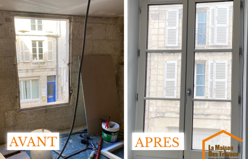 Pose en rénovation d'une fenêtre côté rue double vitrage bois