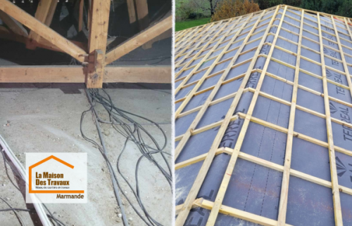 Installation d’un écran de sous-toiture TERREAL et de nouveaux liteaux lors d’une rénovation complète de couverture à Montayral dans le Lot-et-Garonne.