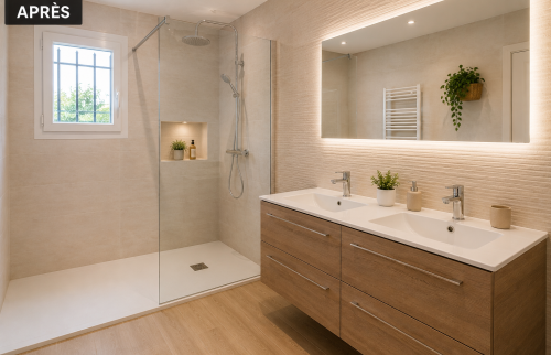 Après travaux : transformation complète de la salle de bain avec création d'une douche à l'italienne, installation d'un meuble double vasque et choix de matériaux modernes pour un espace élégant et fonctionnel.