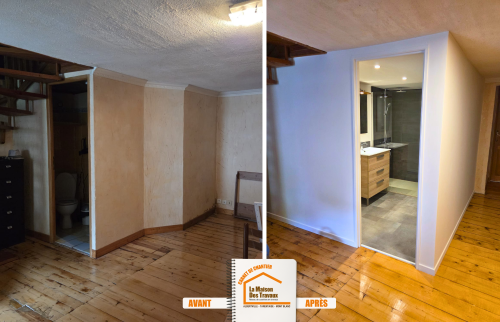 agrandissement salle de bains maison, rénovation complète salle de bains, infiltration eau plancher, rénovation logement Savoie, artisan salle de bains Savoie
