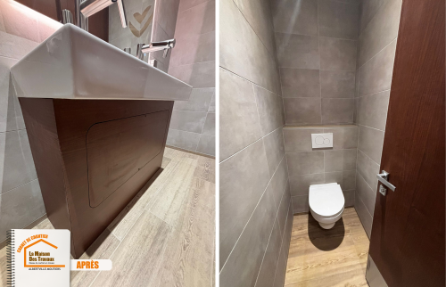 Toilettes ambiance luxe, Maison des Travaux Albertville, Rénovation station ski, Design alpin contemporain