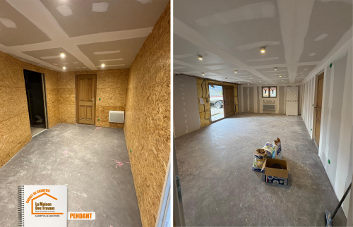 transformation garage Bozel, La Maison des Travaux Albertville, création salon garage, skiroom sur mesure, rénovation montagne