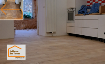 Rénovation de sol à Fumel : découvrez la transformation d’un ancien revêtement en un sol moderne effet bois, apportant chaleur et continuité à l’espace.