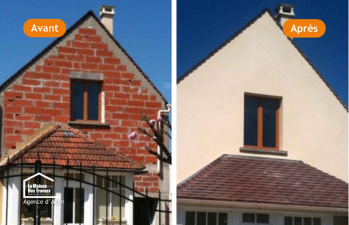 - Chantier de ravalement de façade près d’Agen, avec reprise du pignon en briques et intervention sur échafaudage.