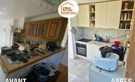 claustra bois cuisine, rénovation maison Bassin Genevois, cuisine effet marbre, rénovation cuisine ouverte 74100, courtier rénovation Haute-Savoie