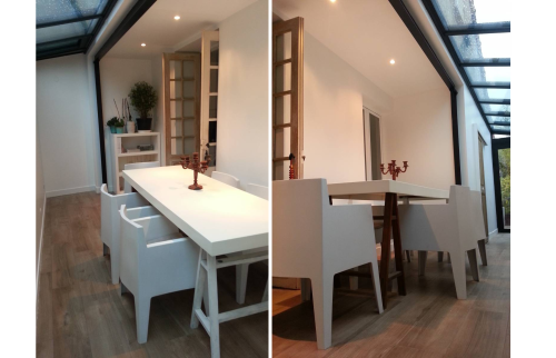 chalet extension Sallanches, maison familiale agrandie, extension rez-de-chaussée, parquet bois intérieur, peinture blanche rénovation