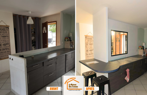 verrière intérieure cuisine, plan de travail-bar sur mesure, rénovation cuisine Chamoux-sur-Gelon, modernisation cuisine