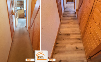 rénovation sol Méribel, remplacement moquette parquet, La Maison des Travaux Albertville, parquet appartement montagne, rénovation intérieure Savoie