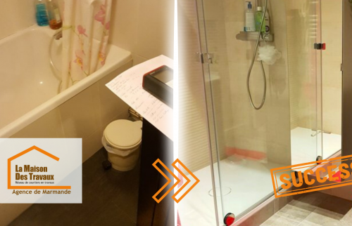 Transformation complète d’une salle de bain à Casteljaloux : d’une baignoire encombrante à une douche à l’italienne moderne et pratique.
