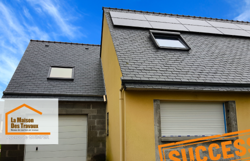 Travaux d’agrandissement à Pont-l’Abbé – Construction d’un garage avec toiture en ardoise et isolation performante. Une belle extension pour plus d’espace !