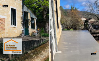 Avant / Après d’une terrasse extérieure proche de Fumel : Sandrine Férin, courtière La Maison Des Travaux Marmande, réalise une terrasse béton durable avec drainage performant pour protéger la maison de l’humidité.