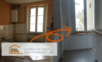 Comparaison avant-après de la rénovation, montrant la transformation complète d’une cuisine vétuste en un espace moderne et accueillant.