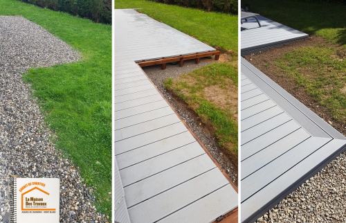 structure bois terrasse, pose lames composite, courtier travaux Chamonix, sol terrasse préparé, géotextile et grave terrasse