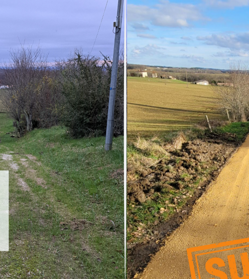 Avant/Après rénovation de chemin à Saint-Caprais-de-Lerm – Création d’un chemin en grave compactée pour un accès stabilisé et durable. 📍 #Travaux #Aménagement