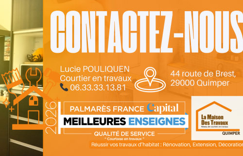 Projet de rénovation de cuisine à Quimper accompagné par Lucie Pouliquen, courtière en travaux, pour un chantier sécurisé et sans stress.