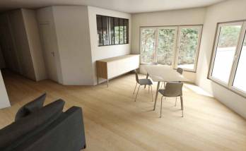 Projection du salon avec verrière donnant sur la cuisine - Paris 17