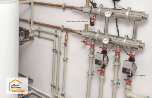 Installation complète de chauffage associant ballon d’hydroaccumulation, énergie solaire thermique et chaudière bois dans une maison rénovée à Agen.