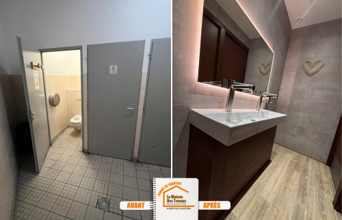 Rénovation Méribel Alpina, Logo découpé carrelage, Accessoires high-tech toilettes