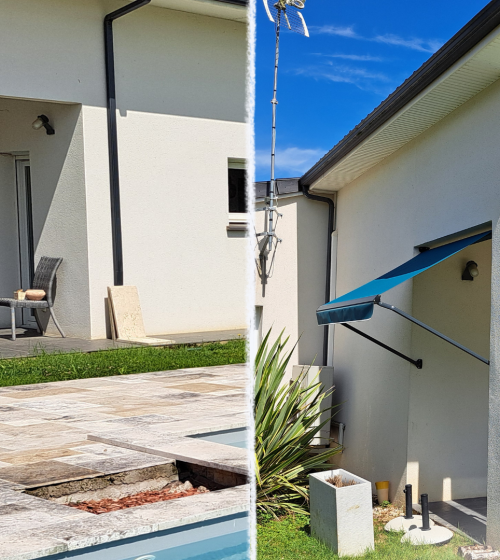 Avant après pose de stores à Brax 47310 transformation d’une terrasse pour améliorer le confort extérieur et profiter pleinement des beaux jours