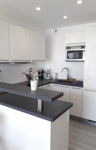 Cuisine ouverte avec retour bar et rangements