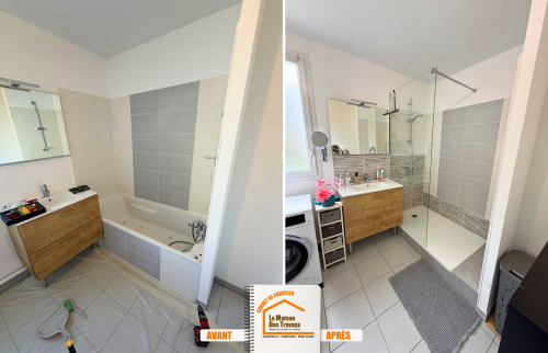 remplacement baignoire par douche Savoie, rénovation salle de bains rapide, douche à la place baignoire, rénovation partielle salle de bains, travaux salle de bains montagne