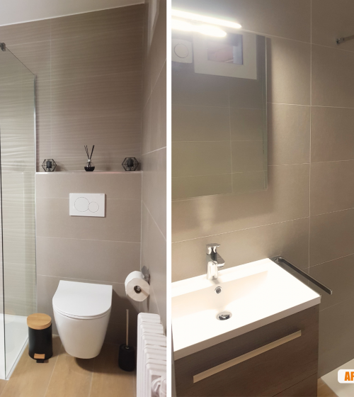 courtier travaux Chamonix Mont-Blanc, rénovation intérieure Le Grand-Bornand, salle de bain design montagne, carrelage moderne salle de bain, artisan fiable Haute-Savoie