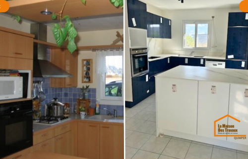 Découvrez la transformation complète d’une cuisine à Quimper, passée d’un espace daté à une pièce moderne, lumineuse et fonctionnelle.