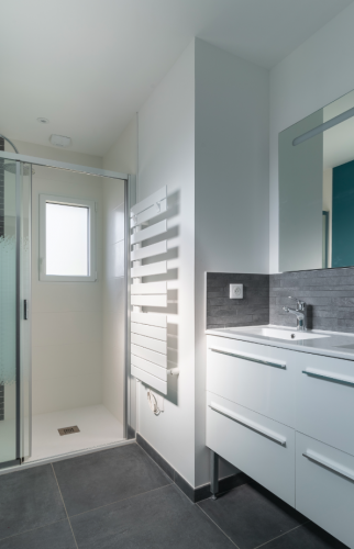 Salle de bain avec douche et meuble deux vasques à Saint-Sébastien-sur-Loire