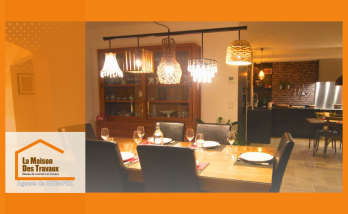 ✨”Salle à manger rénovée près de Plonéour-Lanvern, alliance de luminaires design et ambiance chaleureuse.”