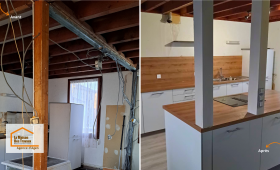 Rénovation de cuisine à Colayrac-Saint-Cirq (47450) : ouverture des cloisons et création d’un îlot central moderne avec hotte intégrée. Projet coordonné par Sandrine Férin, courtière en travaux à Agen.