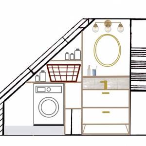 Croquis d’aménagement de salle d’eau avec buanderie intégrée à Strasbourg - Camille Truttmann