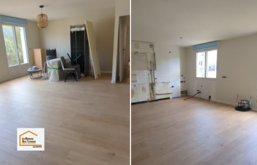 Grande pièce de vie après rénovation d’une maison dans le Finistère Sud. Les cloisons ont été supprimées afin d’offrir un espace ouvert, lumineux et convivial, parfaitement adapté à la vie de famille.