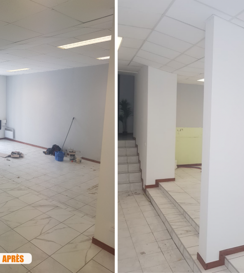 rénovation bureau en salle, carrelage local commercial Albertville, adaptation plafond démontable, reprise sol béton Savoie, subventions travaux entreprises
