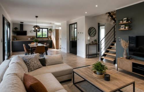 Pièce de vie contemporaine avec cuisine noire et bois ouverte sur un salon lumineux, parquet en bois et escalier bois et métal.