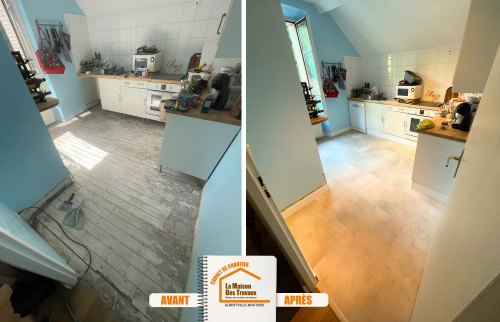 modernisation sol de cuisine Brides-les-Bains, pose de carrelage contemporain, rénovation clé en main Brides-les-Bains, Maison des Travaux Moûtiers