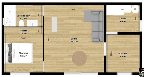Plan d'aménagement de l'espace habitable créé dans le garage - Viriville 38980
