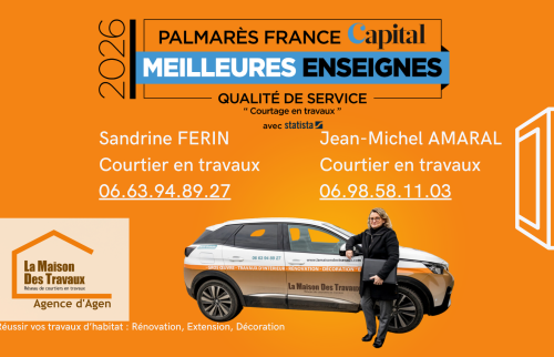 Sandrine Férin et Jean-Michel Amaral, vos courtiers en travaux à Agen, vous accompagnent pour réussir vos rénovations : contact rapide et artisans fiables.